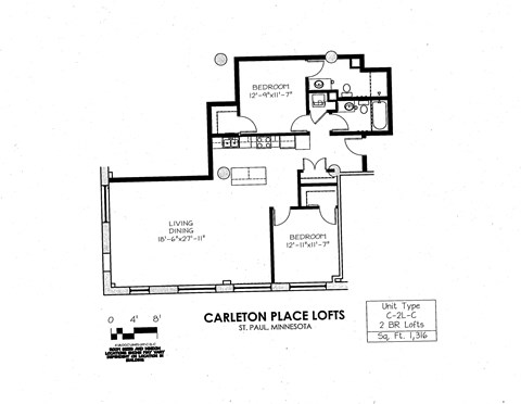 Floor plan for 2 beds, 2 baths, 1316 sqft